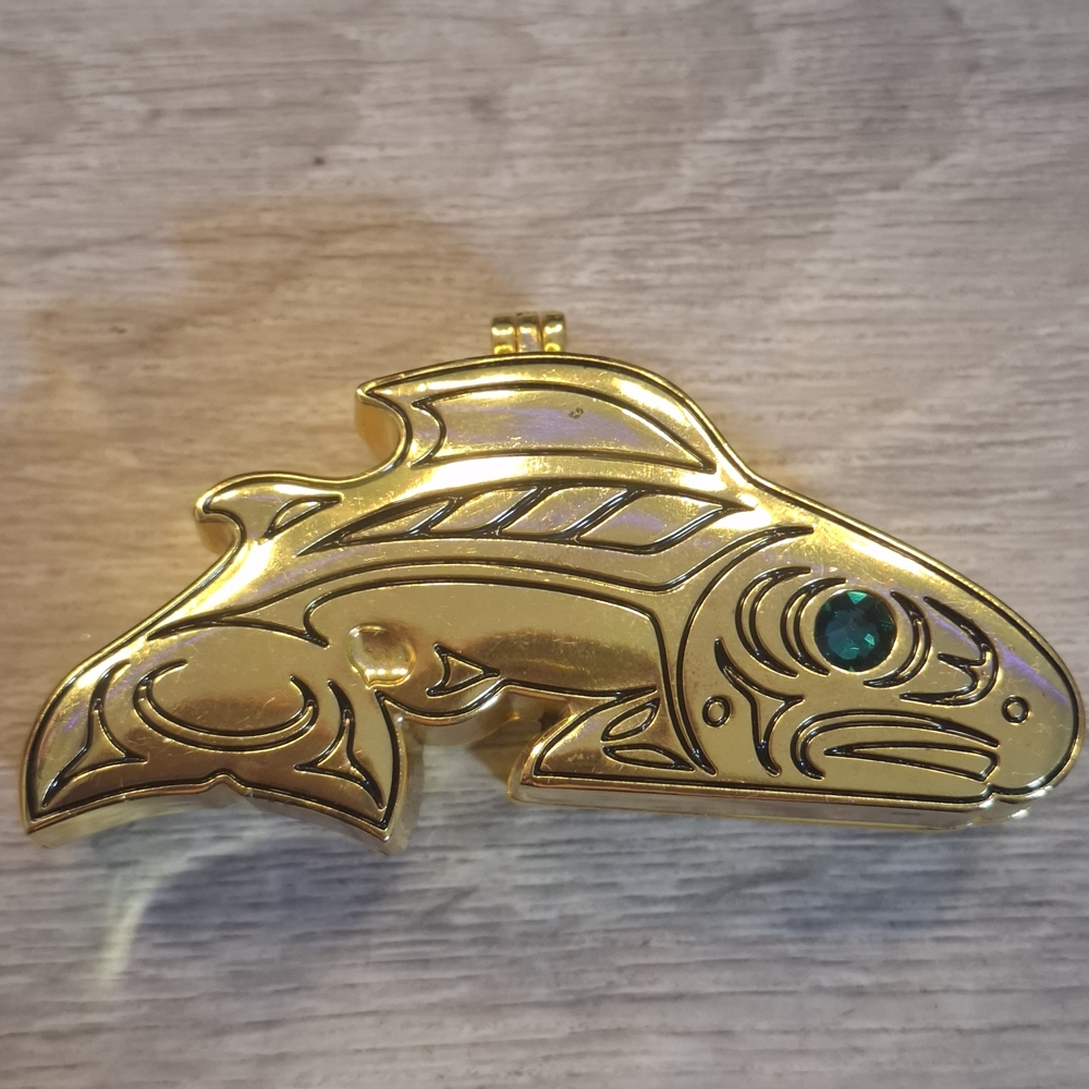 🐠RARE Collectible Gold Fish Emerald Eye Trinket Ring Box Native American Tribal